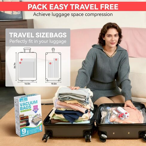 Travel Vacuum Bags with USB & TYPE C Pump,9 Pack Carry-On Size Vacuum Storage Bags for Luggage and Suitcase,Vacuum Luggage Bags,Space Saver for Clothes and Clothing Travel(Red) in Kuwait