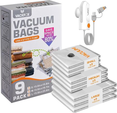 Travel Vacuum Bags with USB & TYPE C Pump,9 Pack Carry-On Size Vacuum Storage Bags for Luggage and Suitcase,Vacuum Luggage Bags,Space Saver for Clothes and Clothing Travel(Red) in Kuwait