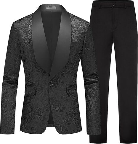 Men's 2 Piece Black Damask Jacquard Suit Set, Slim Fit One Button Shawl Lapel Jacket and Pants for Wedding Prom in Saudi Arabia