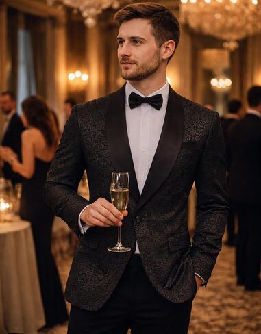 Men's 2 Piece Black Damask Jacquard Suit Set, Slim Fit One Button Shawl Lapel Jacket and Pants for Wedding Prom in Saudi Arabia