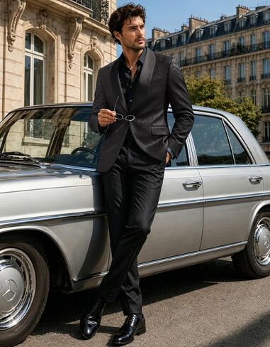 Men's 2 Piece Black Damask Jacquard Suit Set, Slim Fit One Button Shawl Lapel Jacket and Pants for Wedding Prom in Saudi Arabia