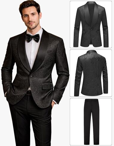 Men's 2 Piece Black Damask Jacquard Suit Set, Slim Fit One Button Shawl Lapel Jacket and Pants for Wedding Prom in Saudi Arabia