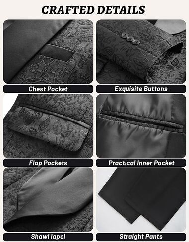 Men's 2 Piece Black Damask Jacquard Suit Set, Slim Fit One Button Shawl Lapel Jacket and Pants for Wedding Prom in Saudi Arabia