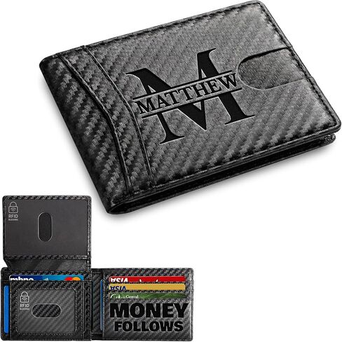 Personalized Slim Wallet for Men with Monogram Engraving, Engraved Card Holder with RFID Blocking, 2 ID Window - Custom Minimalist Wallets for Husband, Boyfriend, Dad - Mens Gifts, Birthday Gift Idea in Kuwait