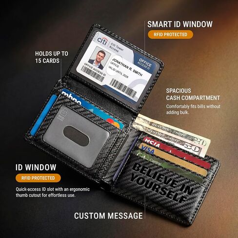 Personalized Slim Wallet for Men with Monogram Engraving, Engraved Card Holder with RFID Blocking, 2 ID Window - Custom Minimalist Wallets for Husband, Boyfriend, Dad - Mens Gifts, Birthday Gift Idea in Kuwait