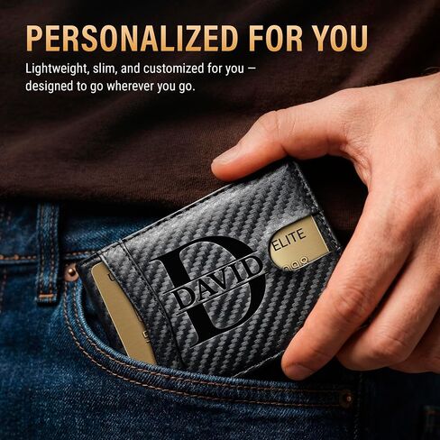 Personalized Slim Wallet for Men with Monogram Engraving, Engraved Card Holder with RFID Blocking, 2 ID Window - Custom Minimalist Wallets for Husband, Boyfriend, Dad - Mens Gifts, Birthday Gift Idea in Kuwait
