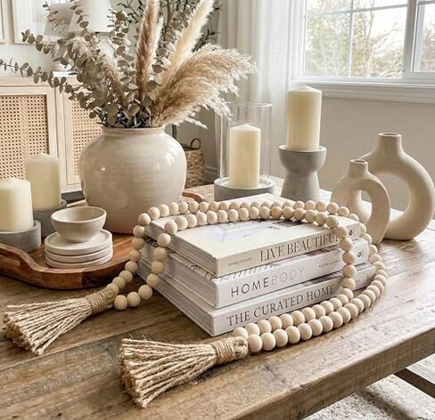 ICON Decorative Book Set + Wood Bead Garland Bundle | Coffee Table Decor Set | Faux Decorative Books with Rustic Beads in Saudi Arabia