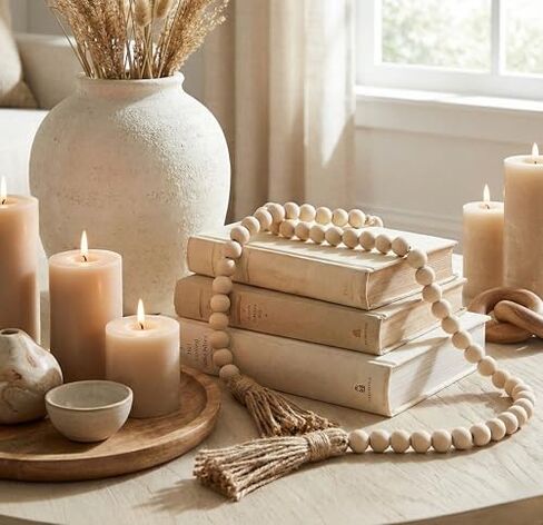 ICON Decorative Book Set + Wood Bead Garland Bundle | Coffee Table Decor Set | Faux Decorative Books with Rustic Beads in Saudi Arabia