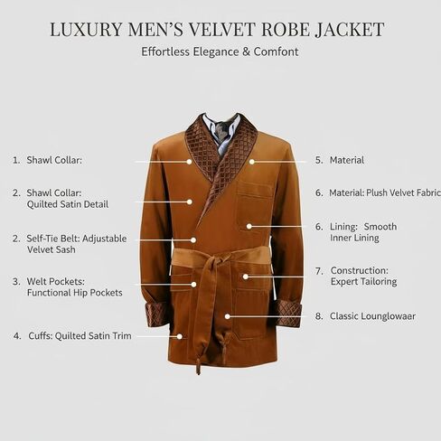 Men Luxurious Brown Velvet Smoking Jacket Men’s Dress Gown with Quilted Shawl Collar in Saudi Arabia