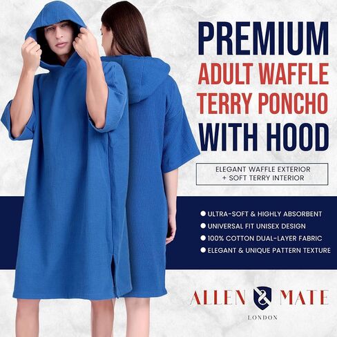 ALLEN & MATE 100% Cotton Hooded Surf Poncho Changing Robe for Men Women Medium Weight Dual Fabric Waffle Outside Terry Inside in Saudi Arabia