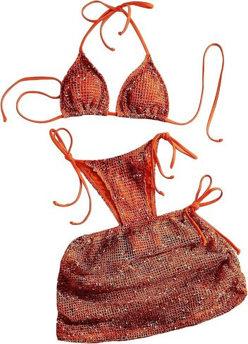 MakeMeChic Women's 3 Piece Crochet Bikini Sets Halter Triangle Summer Bathing Suit with Cover Up Skirt Swimsuits in Kuwait