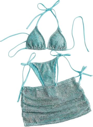 MakeMeChic Women's 3 Piece Crochet Bikini Sets Halter Triangle Summer Bathing Suit with Cover Up Skirt Swimsuits in Kuwait