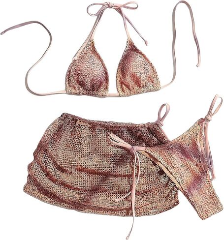 MakeMeChic Women's 3 Piece Crochet Bikini Sets Halter Triangle Summer Bathing Suit with Cover Up Skirt Swimsuits in Kuwait