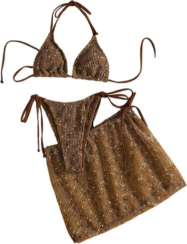MakeMeChic Women's 3 Piece Crochet Bikini Sets Halter Triangle Summer Bathing Suit with Cover Up Skirt Swimsuits in Kuwait