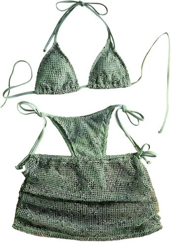 MakeMeChic Women's 3 Piece Crochet Bikini Sets Halter Triangle Summer Bathing Suit with Cover Up Skirt Swimsuits in Kuwait