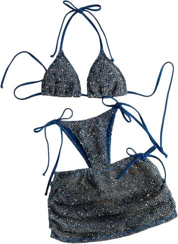 MakeMeChic Women's 3 Piece Crochet Bikini Sets Halter Triangle Summer Bathing Suit with Cover Up Skirt Swimsuits in Kuwait