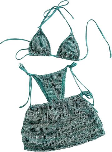 MakeMeChic Women's 3 Piece Crochet Bikini Sets Halter Triangle Summer Bathing Suit with Cover Up Skirt Swimsuits in Kuwait