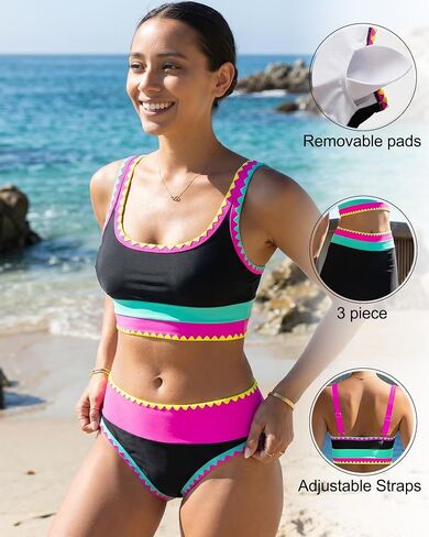 Women's 3 Piece Swimsuit Vibrant Contrast Scallop Trim Bikini Set with Modest Swim Skirt High in Kuwait