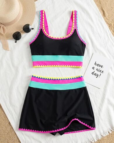 Women's 3 Piece Swimsuit Vibrant Contrast Scallop Trim Bikini Set with Modest Swim Skirt High in Kuwait