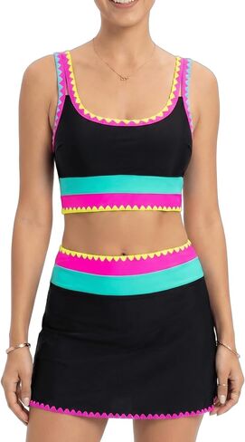 Women's 3 Piece Swimsuit Vibrant Contrast Scallop Trim Bikini Set with Modest Swim Skirt High in Kuwait