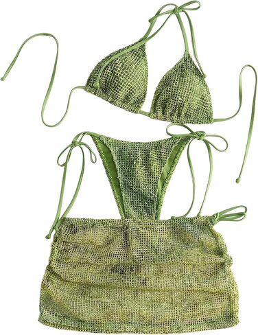 MakeMeChic Women's 3 Piece Crochet Bikini Sets Halter Triangle Summer Bathing Suit with Cover Up Skirt Swimsuits in Kuwait