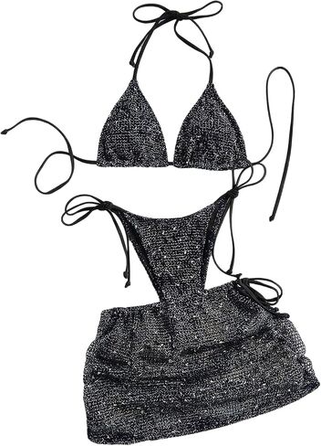 MakeMeChic Women's 3 Piece Crochet Bikini Sets Halter Triangle Summer Bathing Suit with Cover Up Skirt Swimsuits in Kuwait
