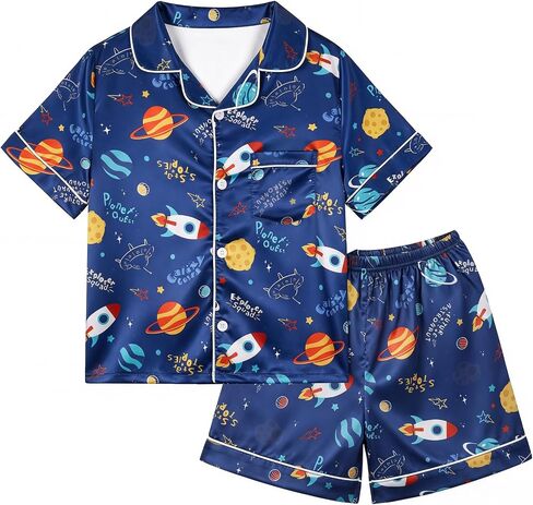Basumee Boys Satin Pajamas Set 2Pcs Button Down Sleepwear Top and Shorts Classic PJs Nightwear for Big Boys Teens 6-13 Years in Saudi Arabia