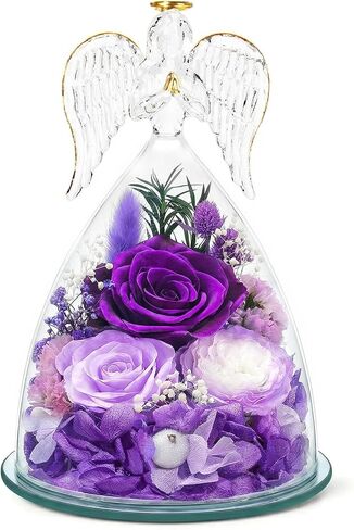 TranquilBliss Gifts for Mom, Flowers for Mother’s Day, Preserved Rose in Glass Dome with Light, Angel Figurines for Her Birthday, Valentine’s Day for Wife, Grandma, Women - Purple in Saudi Arabia