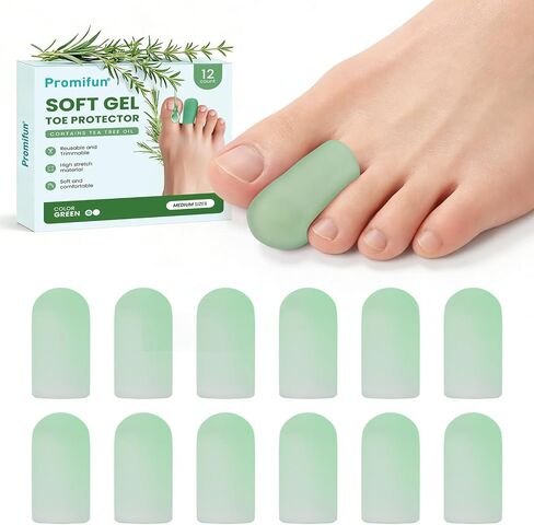 Promifun Silicone Toe Protectors - Green Gel Toe Caps for Women Men - 12 Pack with Tea Tree Oil for Corns, Calluses (4 Large + 8 Medium) in Kuwait