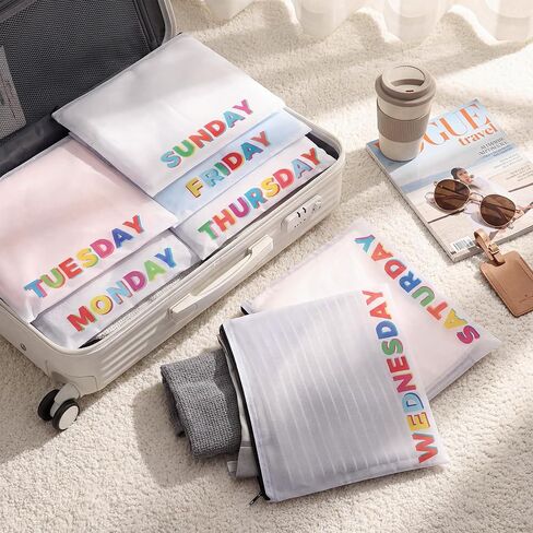 14 Pcs Packing Cubes for Travel Luggage Day of Week Compression Packing Bags Suitcase Organizers Plastic Zipper Bags for Travel Days of the Week Package Cubes for Traveling, 10.6 x 9.3 Inch in Kuwait