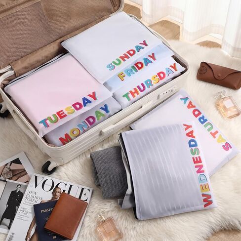 14 Pcs Packing Cubes for Travel Luggage Day of Week Compression Packing Bags Suitcase Organizers Plastic Zipper Bags for Travel Days of the Week Package Cubes for Traveling, 10.6 x 9.3 Inch in Kuwait