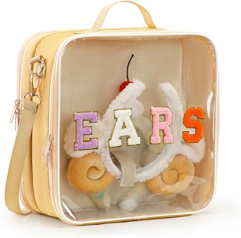 GNEGNI Clear Mouse Ears Headband Storage Bag with Chenille Letters, Double-Layer Display Case, Holds 8 Ears, Transparent Window, Adjustable Strap, 10.62x10.62x4.33 Inch (Black) in Saudi Arabia