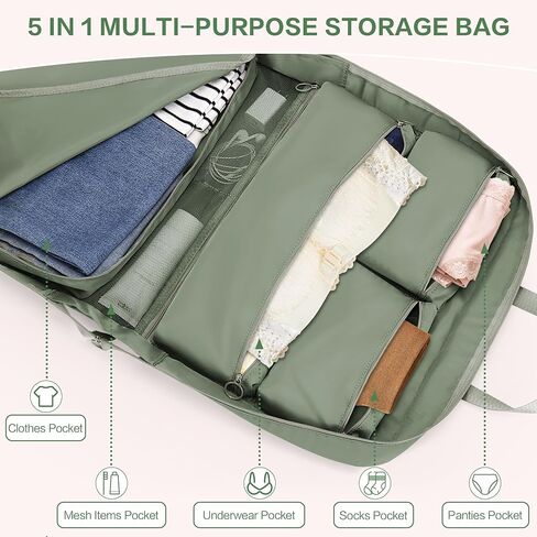 SUNUP Hanging Packing Organizer for Travel, 5 in 1 Portable Packing Cube for Suitcase, Hanging Bags for Clothes Travel, Foldable Small Duffle Bag for Women, Green in Kuwait