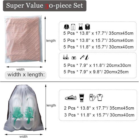 30-Pack Travel Storage Bags, Frosted Plastic Packing Bags for Travel – Multi-Size Breathable Organizer for Clothes, Shoes, Toiletries, Swimsuit – Lightweight Travel Essentials for Women & Men in Saudi Arabia