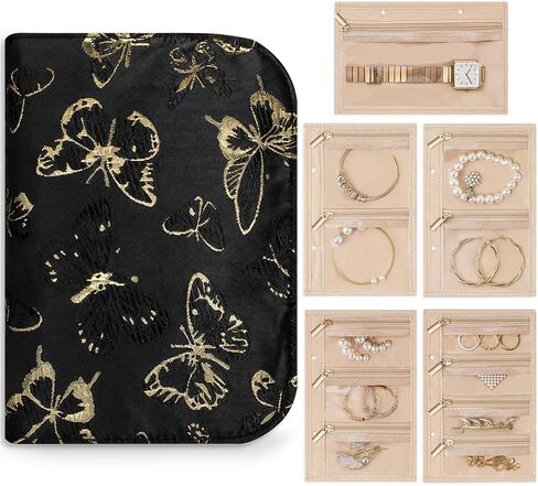 Travel Jewelry Organizer Booklet, A5 Portable Jewelry Case with 5 Pages & 12 Zippered Compartments, Removable Pages with PVC Windows for Necklaces Rings Earrings (Pink Butterfly) in Saudi Arabia