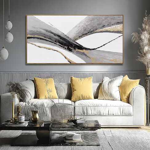 Abstract Wall Art Black White And Gold Painting Line Canvas Wall Decor Framed Artwork Modern Home Decor for Living Room Bedroom Office 24"x48" in Saudi Arabia