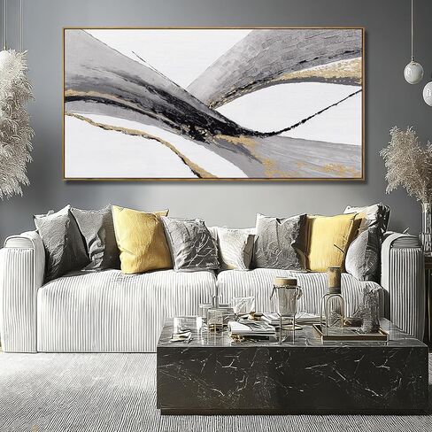 Abstract Wall Art Black White And Gold Painting Line Canvas Wall Decor Framed Artwork Modern Home Decor for Living Room Bedroom Office 24"x48" in Saudi Arabia
