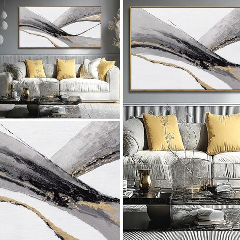 Abstract Wall Art Black White And Gold Painting Line Canvas Wall Decor Framed Artwork Modern Home Decor for Living Room Bedroom Office 24"x48" in Saudi Arabia