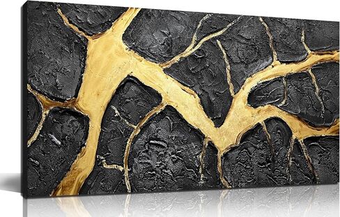 DNIEOTU Abstract Wall Art for Living Room, Black and Gold Hand-Painted Canvas Wall-Decor for Bedroom, 3D Textured Paintings, Size 40 x 20 Inches in Saudi Arabia