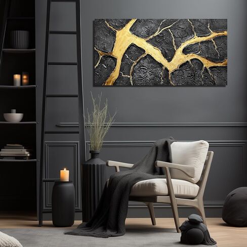 DNIEOTU Abstract Wall Art for Living Room, Black and Gold Hand-Painted Canvas Wall-Decor for Bedroom, 3D Textured Paintings, Size 40 x 20 Inches in Saudi Arabia