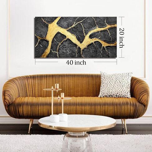 DNIEOTU Abstract Wall Art for Living Room, Black and Gold Hand-Painted Canvas Wall-Decor for Bedroom, 3D Textured Paintings, Size 40 x 20 Inches in Saudi Arabia
