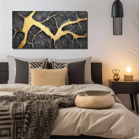 DNIEOTU Abstract Wall Art for Living Room, Black and Gold Hand-Painted Canvas Wall-Decor for Bedroom, 3D Textured Paintings, Size 40 x 20 Inches in Saudi Arabia