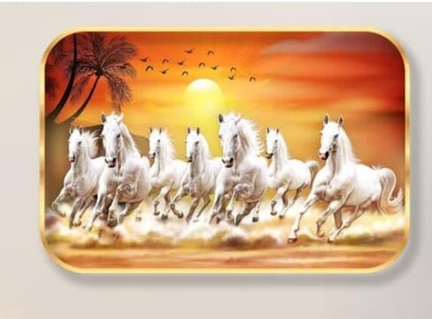 LILLY HANDICRAFTS LH SAF 7 Running Horses Vastu Wall Painting | Sunrise Horse Wall Art with Golden Frame | Lucky Feng Shui Home Decor for Living Room, Office, Bedroom & Entrance | Multicolor in Kuwait