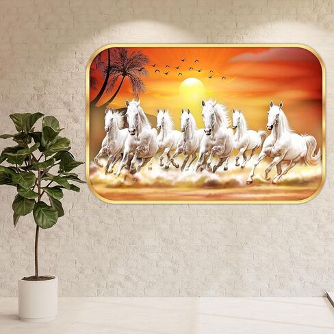 LILLY HANDICRAFTS LH SAF 7 Running Horses Vastu Wall Painting | Sunrise Horse Wall Art with Golden Frame | Lucky Feng Shui Home Decor for Living Room, Office, Bedroom & Entrance | Multicolor in Kuwait