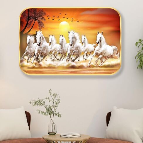 LILLY HANDICRAFTS LH SAF 7 Running Horses Vastu Wall Painting | Sunrise Horse Wall Art with Golden Frame | Lucky Feng Shui Home Decor for Living Room, Office, Bedroom & Entrance | Multicolor in Kuwait