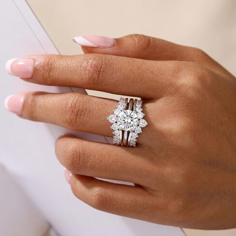 Moissanite Wedding Ring Sets for Women Silver 18K White Plated Round Cut Bridal Ring Sets Ring Enhancer for Her Size 5-10 in Saudi Arabia