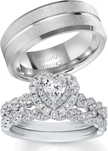 Couple Rings White Gold Plated 925 Sterling Silver Ring 1CT Heart AAAAA CZ Women Wedding Ring Sets Men Wedding Band in Saudi Arabia