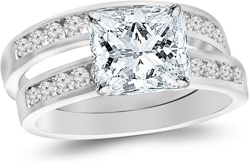 14K White Gold 1.75 Carat LAB GROWN DIAMOND Classic Channel Set Wedding Set Bridal Band & Princess Cut Diamond Engagement Ring (G-H Color VS2-SI1 Clarity 1 Ct Center) in Kuwait
