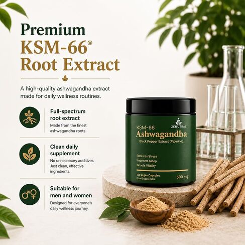KSM-66 أشواغاندا 500 ملغ مع الفلفل الأسود (بيبيرين) - دعم الإجهاد والنوم والكورتيزول - طاقة هادئة والتركيز والمزاج - 120 كبسولة نباتية غير معدلة وراثيًا (كمية تكفي لمدة 4 أشهر) in Kuwait