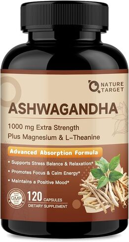 NATURE TARGET Ashwagandha Supplements for Women & Men – Ashwagandha Root Extract 1000mg with Magnesium & L-Theanine, Support Mood, Immune Health & Energy, Non-GMO, 120 Vegan Capsules in Saudi Arabia